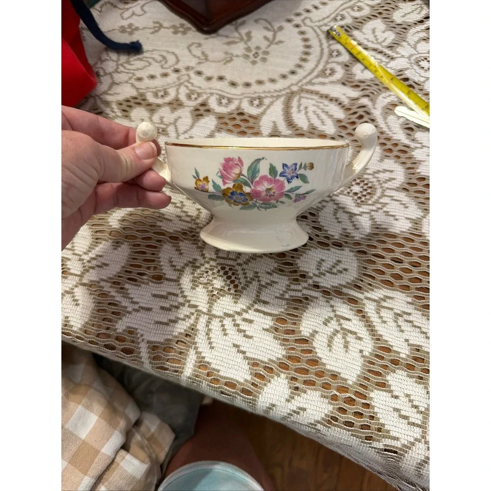 Vintage Floral Footed Sugar Bowl Gold Trim Cream Ceramic Double Handle Dish